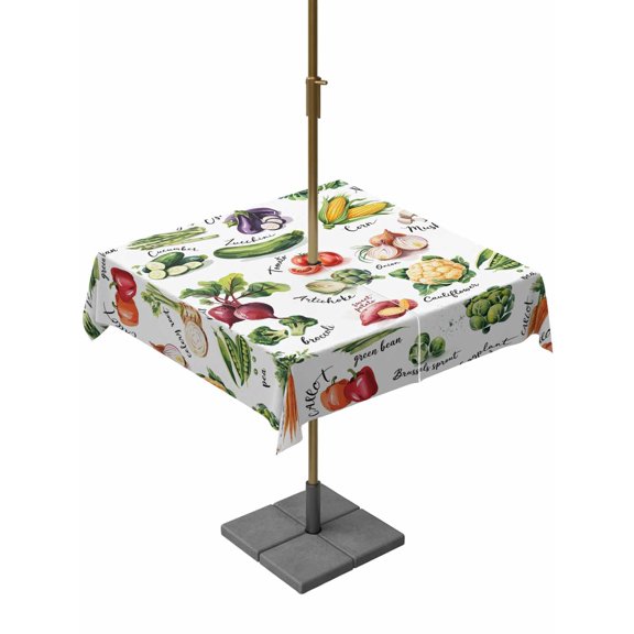 Outdoor Tablecloth with Umbrella Hole, Country Vegetables Zippered Table Cloth for Rectangle Tables, Rustic Farmhouse Plant Theme Washable Waterproof Tablecloths for Picnic Patio Garden