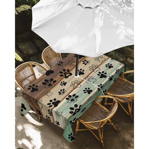 Outdoor Tablecloth with Umbrella Hole, Cute Animal Footprints on Wood Plank Zippered Table Cloth for Rectangle Tables, Farmhouse Wooden Board Washable Waterproof Tablecloths for Picnic Patio Garden