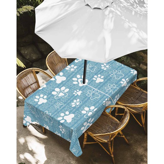 Outdoor Tablecloth with Umbrella Hole, Cute Pet Footprints on Sky Blue Zippered Table Cloth for Rectangle Tables, Abstract Little Paws Washable Waterproof Tablecloths for Picnic Patio Garden