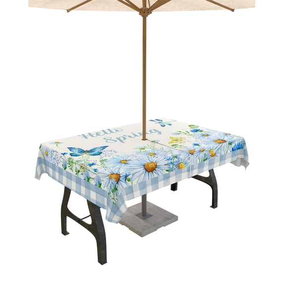 Outdoor Tablecloth with Umbrella Hole,Daisy Flowers Butterfly Dragonfly Plaid Spillproof Waterproof Table Cloth Zippered Table Covers,Hello Spring Retro Linen Washable Tablecloths for Picnic/Patio
