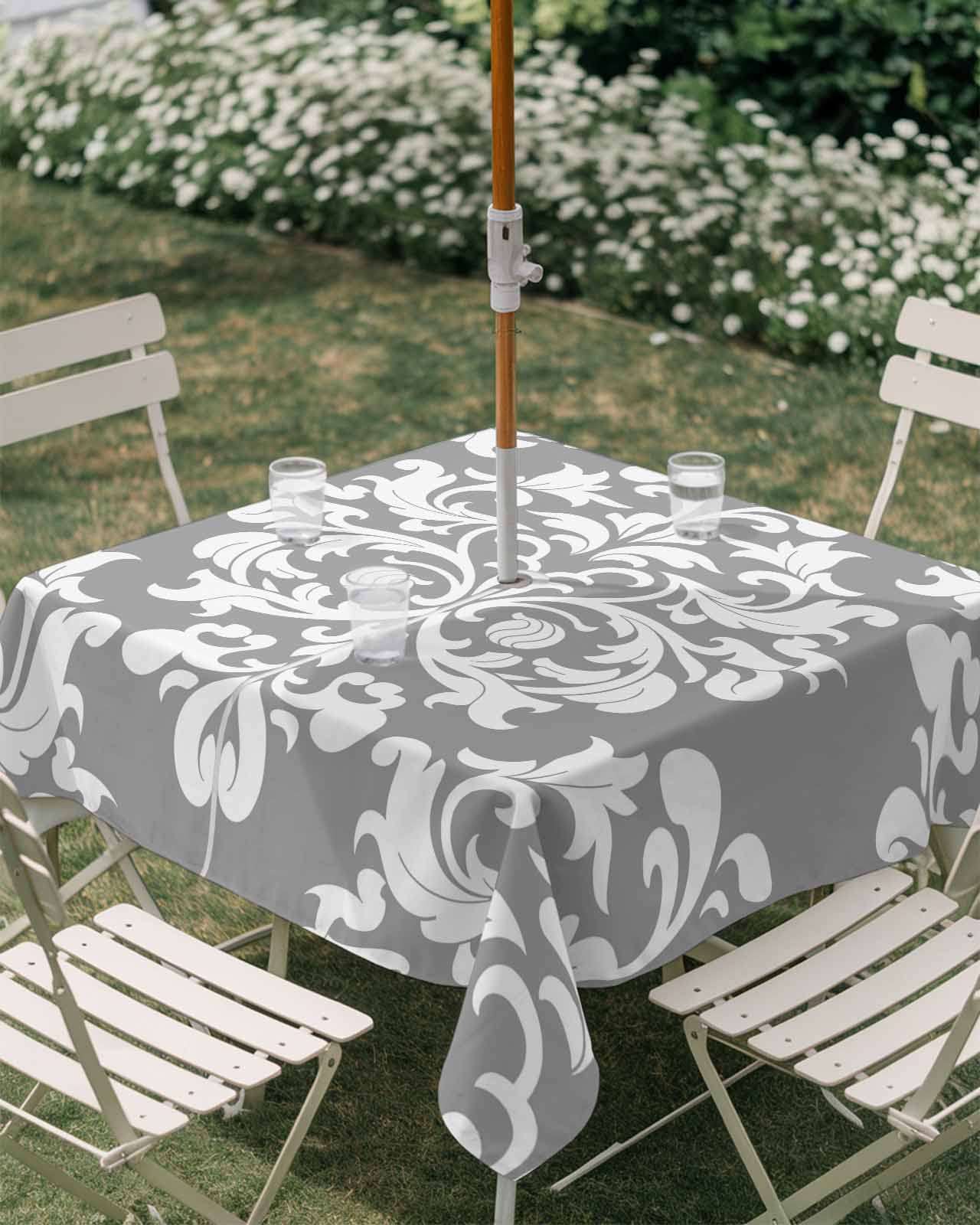 Zipper Table Outdoor Tablecloth with Umbrella Hole, Damask Abstract Flower Grey ...