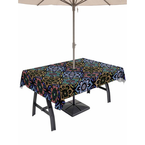 Outdoor Tablecloth with Umbrella Hole, Damask Baroque Ethnic Floral Bohemian Zippered Table Cloth for Rectangle Tables, Rhombus Geometric Art Washable Waterproof Tablecloths for Picnic Patio Garden