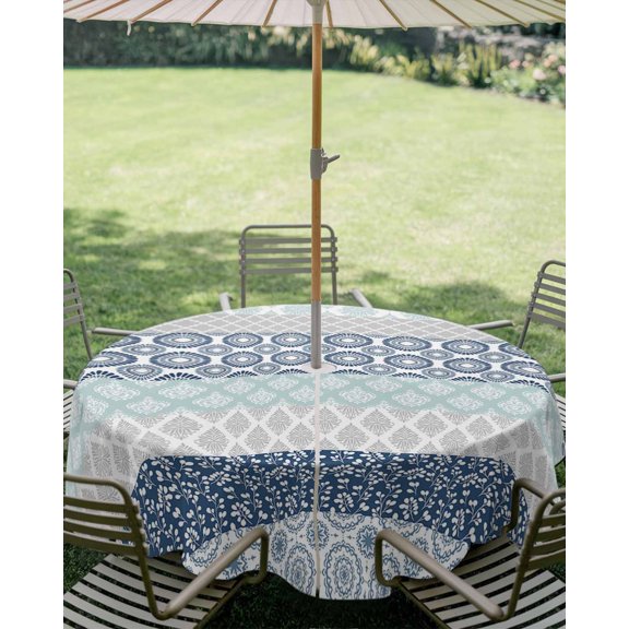 Outdoor Tablecloth with Umbrella Hole, Ethnic Blue Stripes Abstract Geometric Zippered Table Cloth for Square Tables, Damask Flower Boho Style Washable Waterproof Tablecloths for Picnic Patio Garden