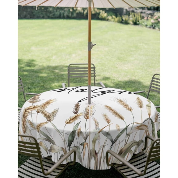 Outdoor Tablecloth with Umbrella Hole, Fall Farm Watercolor Wheat Harvest Zippered Table Cloth for Square Tables, Retro Rustic Leaves on White Washable Waterproof Tablecloths for Picnic Patio Garden