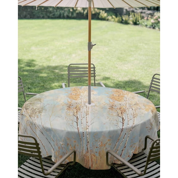 Outdoor Tablecloth with Umbrella Hole, Fall Golden Birch Tree on Blue Zippered Table Cloth for Square Tables, Retro Oil Painting Art Washable Waterproof Tablecloths for Picnic Patio Garden