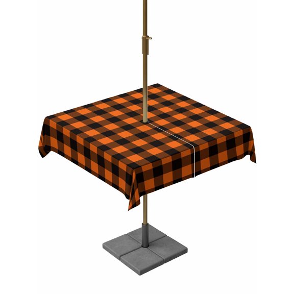 Outdoor Tablecloth with Umbrella Hole, Fall Orange Black Plaid Zippered Table Cloth for Rectangle Tables, Halloween Minimalist Buffalo Check Washable Waterproof Tablecloths for Picnic Patio Garden
