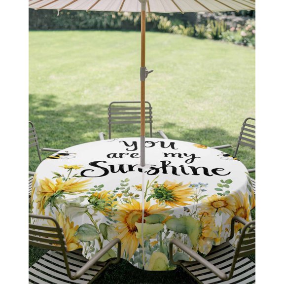 Outdoor Tablecloth with Umbrella Hole, Farmhouse Sunflower Leaf Bee Zippered Table Cloth for Square Tables, Rustic Pastoral Yellow Green Plant Washable Waterproof Tablecloths for Picnic Patio Garden