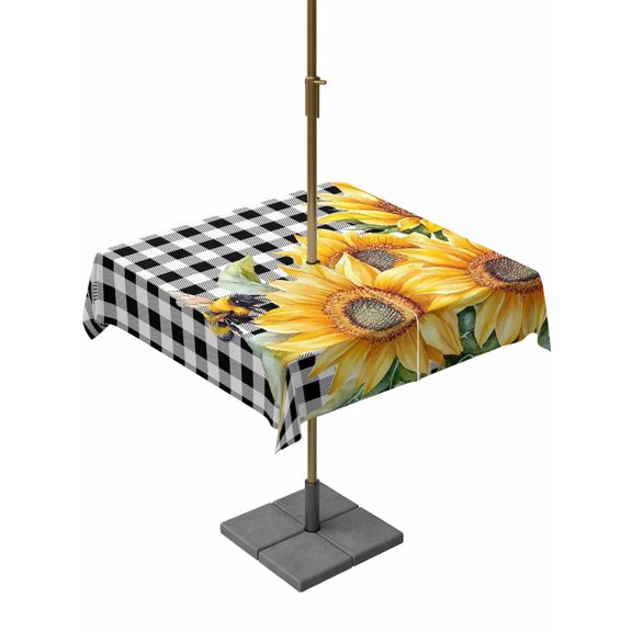 Outdoor Tablecloth with Umbrella Hole, Farmhouse Watercolor Sunflower Bee Zippered Table Cloth for Rectangle Tables, Black White Buffalo Plaid Washable Waterproof Tablecloths for Picnic Patio Garden