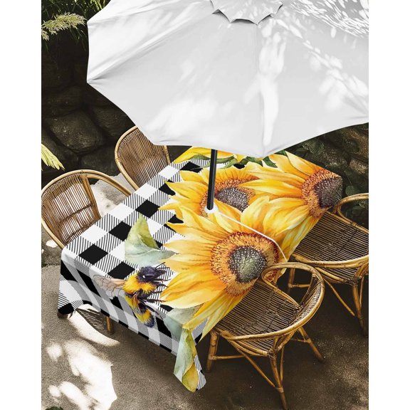 Outdoor Tablecloth with Umbrella Hole, Farmhouse Watercolor Sunflower Bee Zippered Table Cloth for Rectangle Tables, Black White Buffalo Plaid Washable Waterproof Tablecloths for Picnic Patio Garden
