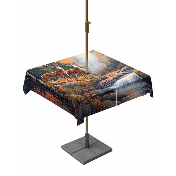 Outdoor Tablecloth with Umbrella Hole, Forest Deer River Landscape Zippered Table Cloth for Rectangle Tables, Nature Waterfall Scenery Washable Waterproof Tablecloths for Picnic Patio Garden