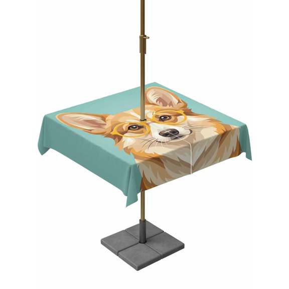 Outdoor Tablecloth with Umbrella Hole, Funny Dog on Green Zippered Table Cloth for Rectangle Tables, Modern Abstract Animal Theme Washable Waterproof Tablecloths for Picnic Patio Garden