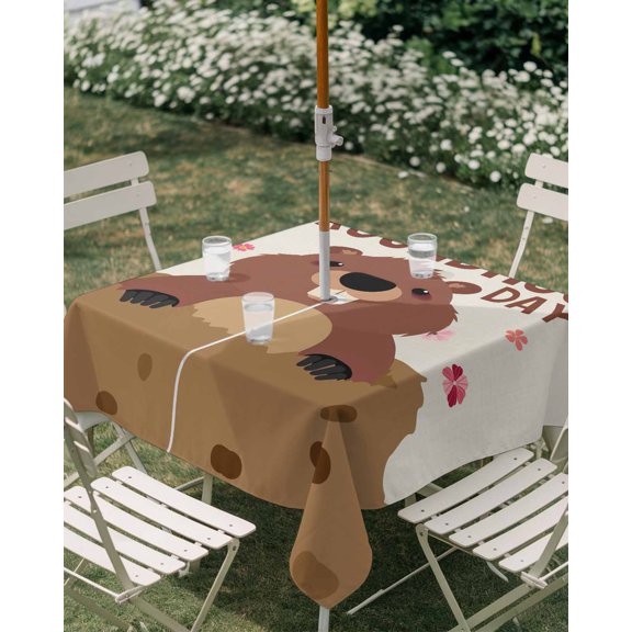 Outdoor Tablecloth with Umbrella Hole, GROUNDHOG DAY Words Zippered Table Cloth for Rectangle Tables, Cute Marmot Flowers Washable Waterproof Tablecloths for Picnic Patio Garden
