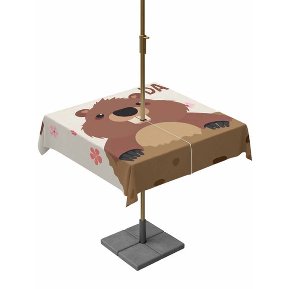 Outdoor Tablecloth with Umbrella Hole, GROUNDHOG DAY Words Zippered Table Cloth for Rectangle Tables, Cute Marmot Flowers Washable Waterproof Tablecloths for Picnic Patio Garden