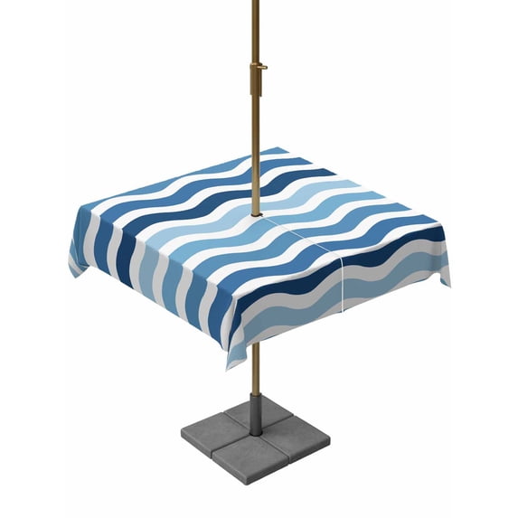 Outdoor Tablecloth with Umbrella Hole, Geometric Blue Ombre Spillproof Waterproof Outdoor Table Cover, Modern Gradient White Ocean Striped Patio Tablecloths for Party/Garden/Picnic, Square 54"x54"
