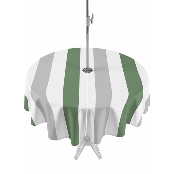 Outdoor Tablecloth with Umbrella Hole, Geometric Grey Spillproof Waterproof Outdoor Table Cover, Sage Green White Striped Minimalist Patio Tablecloths for Party/Garden/Picnic, Round 60 inch