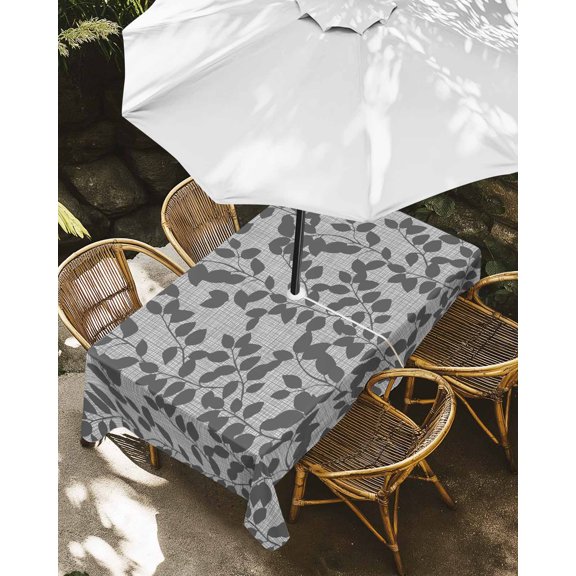 Outdoor Tablecloth with Umbrella Hole, Gray Overlay Leaves Seamless Zippered Table Cloth for Rectangle Tables, Abstract Leaf and Stripes Washable Waterproof Tablecloths for Picnic Patio Garden