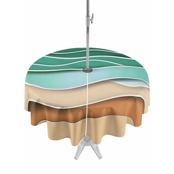 Outdoor Tablecloth with Umbrella Hole, Green Beach Spillproof Waterproof Outdoor Table Cover, Abstract Stripes Gradient Ocean Brown Sand Patio Tablecloths for Party/Garden/Picnic, Round 60 inch