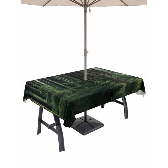 Outdoor Tablecloth with Umbrella Hole, Green Forest Spillproof Waterproof Outdoor Table Cover, Mysterious Primitive Forest Pine Tree Patio Tablecloths for Party Picnic Camping, Rectangle 52"x70"