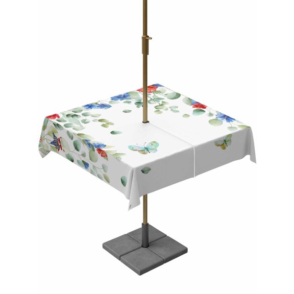 Outdoor Tablecloth with Umbrella Hole, Green Leaf Red Blue Flower Zippered Table Cloth for Rectangle Tables, Independence Day Bow Star Theme Washable Waterproof Tablecloths for Picnic Patio Garden