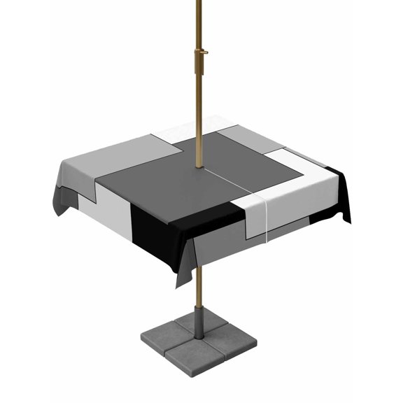 Outdoor Tablecloth with Umbrella Hole, Grey Art Color Block Geometry Grid Zippered Table Cloth for Rectangle Tables, Abstract Washable Waterproof Tablecloths for Picnic Patio Garden