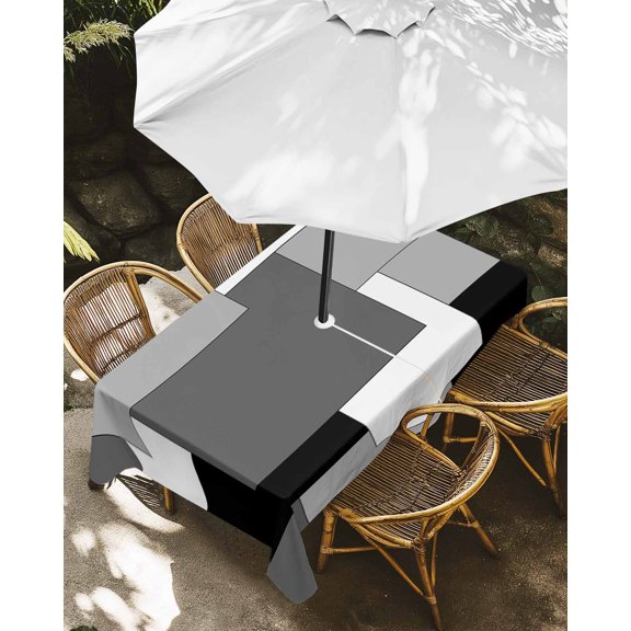 Outdoor Tablecloth with Umbrella Hole, Grey Art Color Block Geometry Grid Zippered Table Cloth for Rectangle Tables, Abstract Washable Waterproof Tablecloths for Picnic Patio Garden