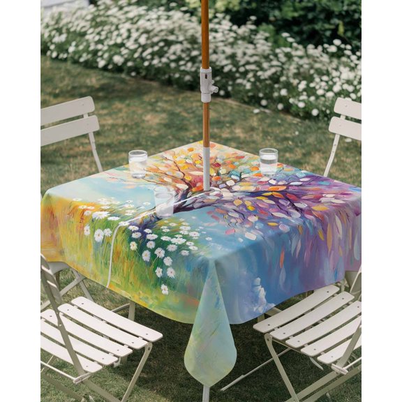 Outdoor Tablecloth with Umbrella Hole, Impressionist Rainbow Tree with Daisies Zippered Table Cloth for Rectangle Tables, Pastel Landscape Washable Waterproof Tablecloths for Picnic Patio Garden