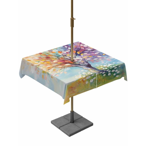 Outdoor Tablecloth with Umbrella Hole, Impressionist Rainbow Tree with Daisies Zippered Table Cloth for Rectangle Tables, Pastel Landscape Washable Waterproof Tablecloths for Picnic Patio Garden