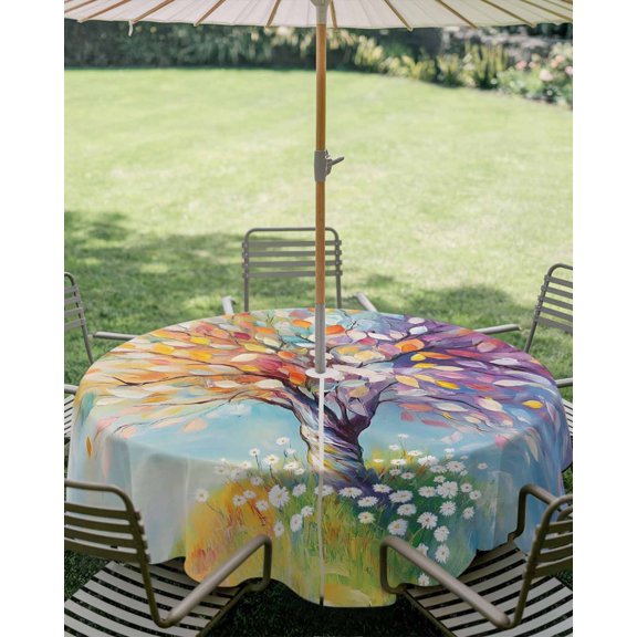 Outdoor Tablecloth with Umbrella Hole, Impressionist Rainbow Tree with Daisies Zippered Table Cloth for Square Tables, Pastel Landscape Washable Waterproof Tablecloths for Picnic Patio Garden