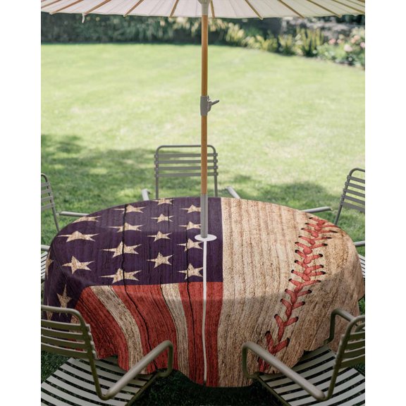 Outdoor Tablecloth with Umbrella Hole, Independence Day American Flag Zippered Table Cloth for Square Tables, Baseball Sport Retro Wood Grain Washable Waterproof Tablecloths for Picnic Patio Garden