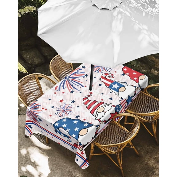 Outdoor Tablecloth with Umbrella Hole, Independence Day Patriotic Gnomes Zippered Table Cloth for Rectangle Tables, 250th Anniversary Firework Washable Waterproof Tablecloths for Picnic Patio Garden
