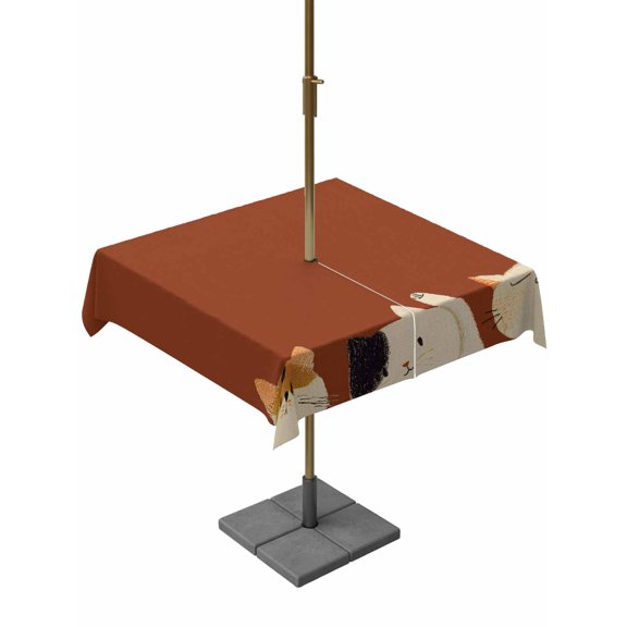 Outdoor Tablecloth with Umbrella Hole, Japanese Cute Cats Zippered Table Cloth for Rectangle Tables, Watercolor Kitty on Orange Washable Waterproof Tablecloths for Picnic Patio Garden