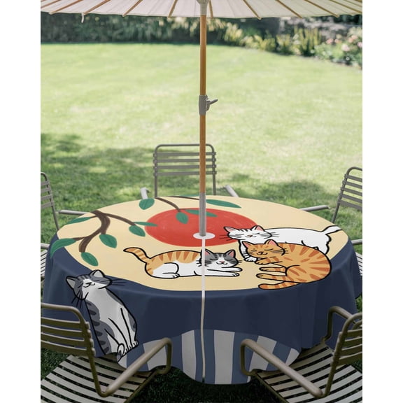 Outdoor Tablecloth with Umbrella Hole, Japanese Style Cat Zippered Table Cloth for Square Tables, Cute Kitty on Blue Background Washable Waterproof Tablecloths for Picnic Patio Garden