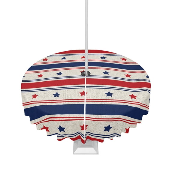 Outdoor Tablecloth with Umbrella Hole,July Patriotic US Flag Stars and Stripes Spillproof Waterproof Table Cloth Zippered Table Covers,Pentagram Retro Linen Washable Tablecloths for Picnic/Patio