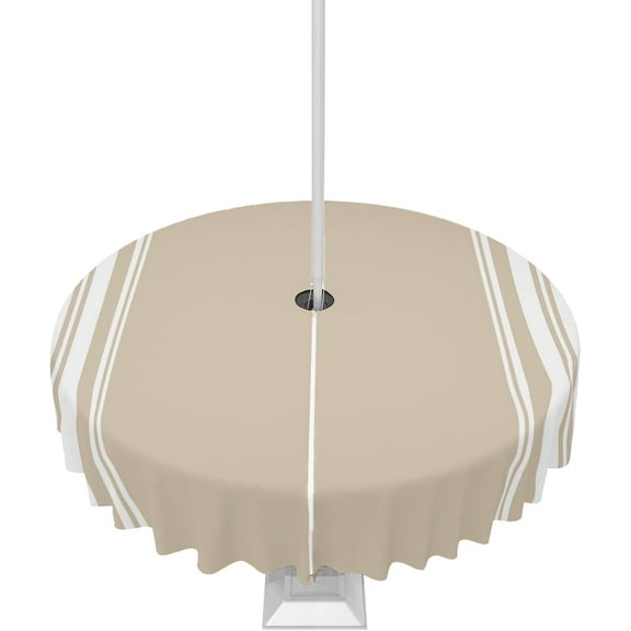 Outdoor Tablecloth with Umbrella Hole, Khaki and White Stripe Round Tables Waterproof Tabletop Collection for Patio, Garden, Picnic, Camping, Dining 60R