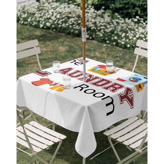 Outdoor Tablecloth with Umbrella Hole, Laundry Room Quotes Theme Element Zippered Table Cloth for Rectangle Tables, White Background Washable Waterproof Tablecloths for Picnic Patio Garden