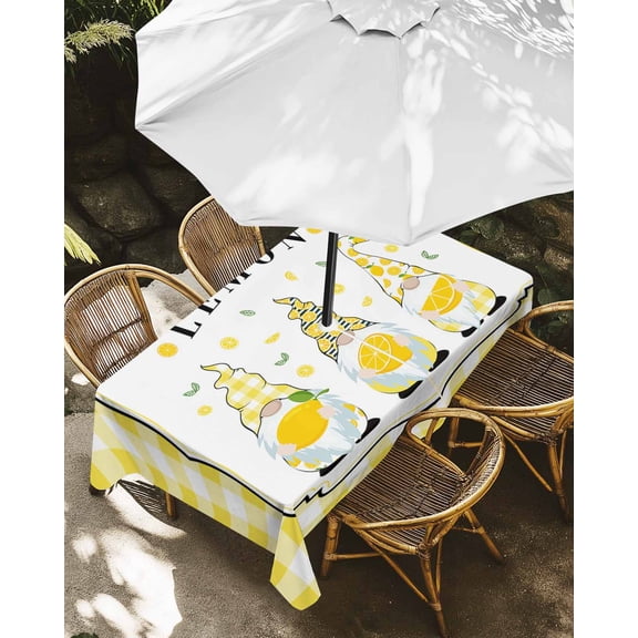 Outdoor Tablecloth with Umbrella Hole, Lemon Leaf Gnome Zippered Table Cloth for Rectangle Tables, Summer Yellow Plaid Washable Waterproof Tablecloths for Picnic Patio Garden
