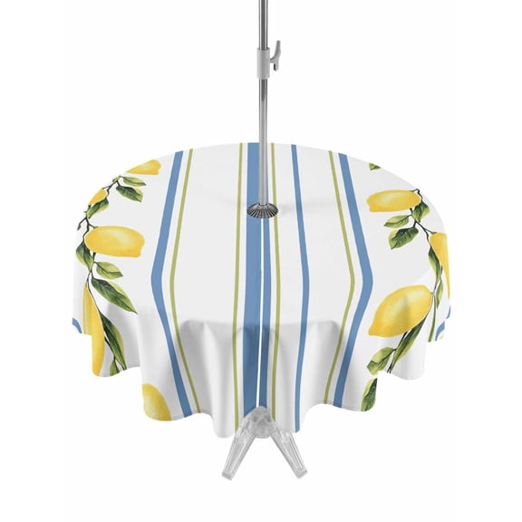 Outdoor Tablecloth with Umbrella Hole, Lemon Striped Spillproof Waterproof Outdoor Table Cover, Yellow Fruit Blue White Geometric Patio Tablecloths for Party/Garden/Picnic, Round 54 inch