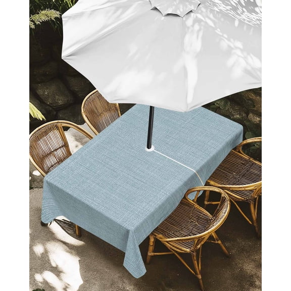 Outdoor Tablecloth with Umbrella Hole, Light Blue Vintage Linen Zippered Table Cloth for Rectangle Tables, Solid Color Washable Waterproof Tablecloths for Picnic Patio Garden