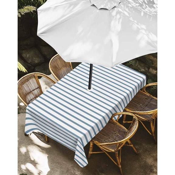 Outdoor Tablecloth with Umbrella Hole, Light Blue White Pinstriped Zippered Table Cloth for Rectangle Tables, Classic Geometric Striped Washable Waterproof Tablecloths for Picnic Patio Garden
