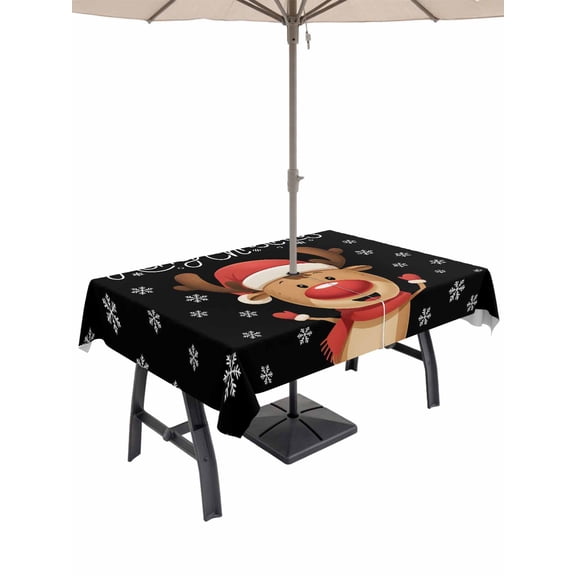 Outdoor Tablecloth with Umbrella Hole, Merry Christmas Spillproof Waterproof Outdoor Table Cover, Winter Cartoon Xmas Deer Snowflake Patio Tablecloths for Party Picnic Camping, Rectangle 54"x80"