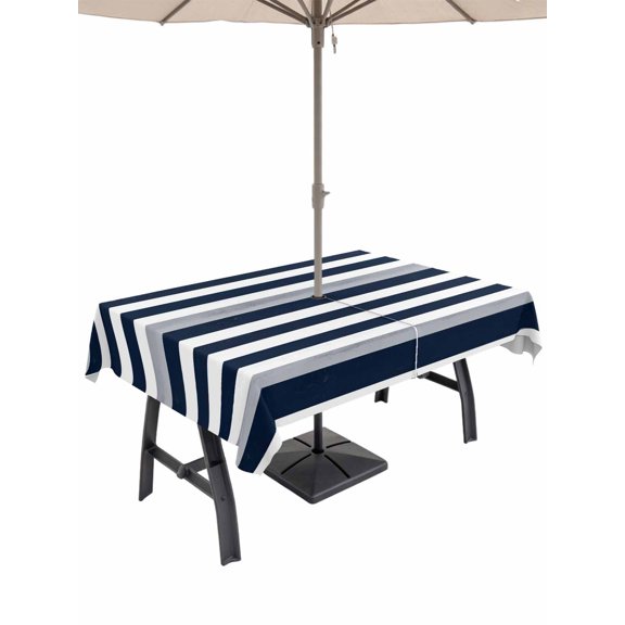 Outdoor Tablecloth with Umbrella Hole, Minimalist Art Navy Blue White Gray Lines Zippered Table Cloth for Rectangle Tables, Simple Stripe Washable Waterproof Tablecloths for Picnic Patio Garden