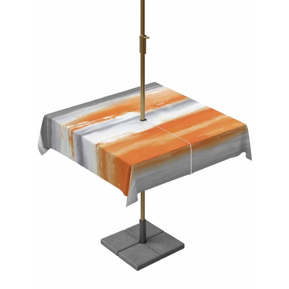 Outdoor Tablecloth with Umbrella Hole, Modern Abstract Canvas Art Zippered Table Cloth for Rectangle Tables, Orange Gray Striped Washable Waterproof Tablecloths for Picnic Patio Garden
