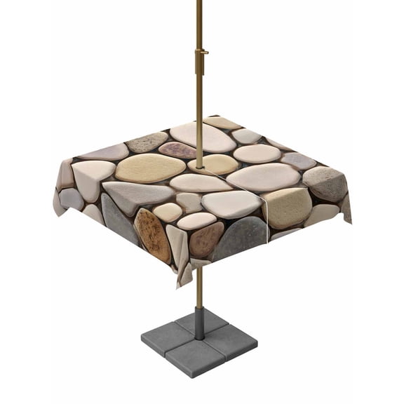 Outdoor Tablecloth with Umbrella Hole, Modern Cobblestone Texture Art Zippered Table Cloth for Rectangle Tables, Seamless Brown Pebble Stone Washable Waterproof Tablecloths for Picnic Patio Garden