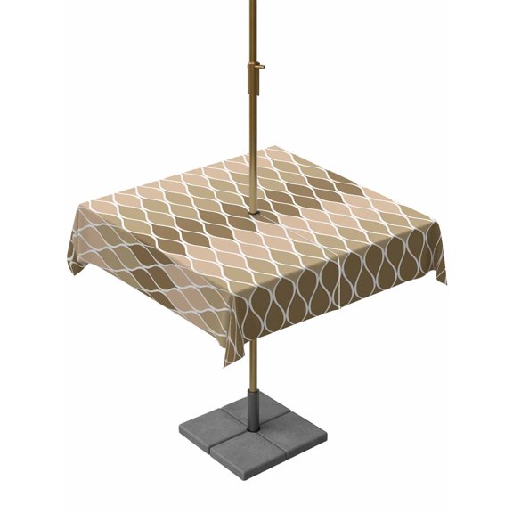 Outdoor Tablecloth with Umbrella Hole, Modern Ombre Brown Chevron Zippered Table Cloth for Rectangle Tables, Vintage Curve Washable Waterproof Tablecloths for Picnic Patio Garden