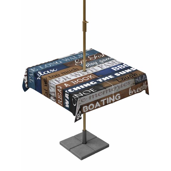 Outdoor Tablecloth with Umbrella Hole, Motivational Inspirational Happiness Quotes Zippered Table Cloth for Rectangle Tables, Retro Wood Plank Washable Waterproof Tablecloths for Picnic Patio Garden