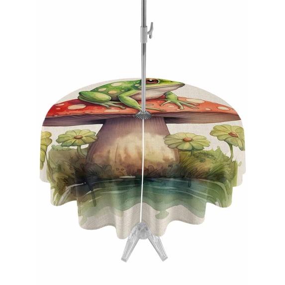 Outdoor Tablecloth with Umbrella Hole, Mushroom Frogs Spillproof Waterproof Outdoor Table Cover, Spring Floral Green Botanical Rustic Patio Tablecloths for Party/Garden/Picnic, Round 54 inch