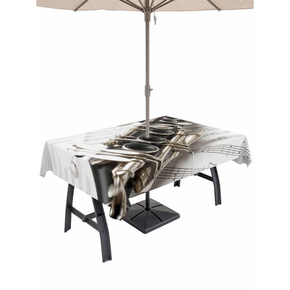 Outdoor Tablecloth with Umbrella Hole, Musical Instrument Spillproof Waterproof Outdoor Table Cover, Saxophone Sheet Music Elegant Art Patio Tablecloths for Party Picnic Camping, Rectangle 54"x80"