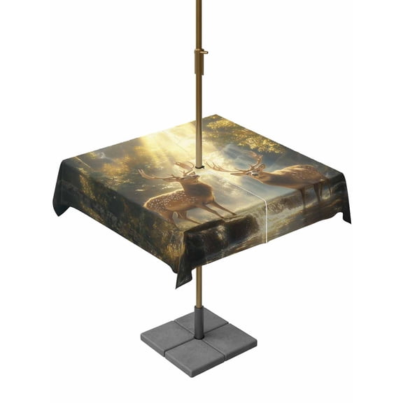 Outdoor Tablecloth with Umbrella Hole, Natural Forest Farm Deer Sunlight Zippered Table Cloth for Rectangle Tables, Waterfall River Wild Scene Washable Waterproof Tablecloths for Picnic Patio Garden