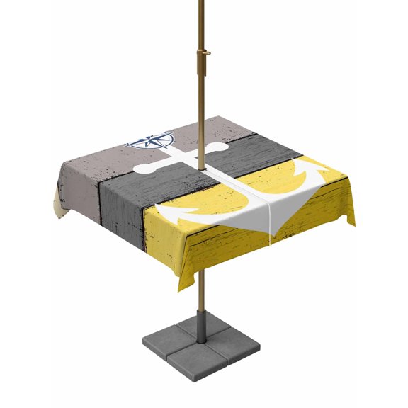 Outdoor Tablecloth with Umbrella Hole, Nautical Anchor Compass Zippered Table Cloth for Rectangle Tables, Farm Yellow Gradient Wood Grain Washable Waterproof Tablecloths for Picnic Patio Garden