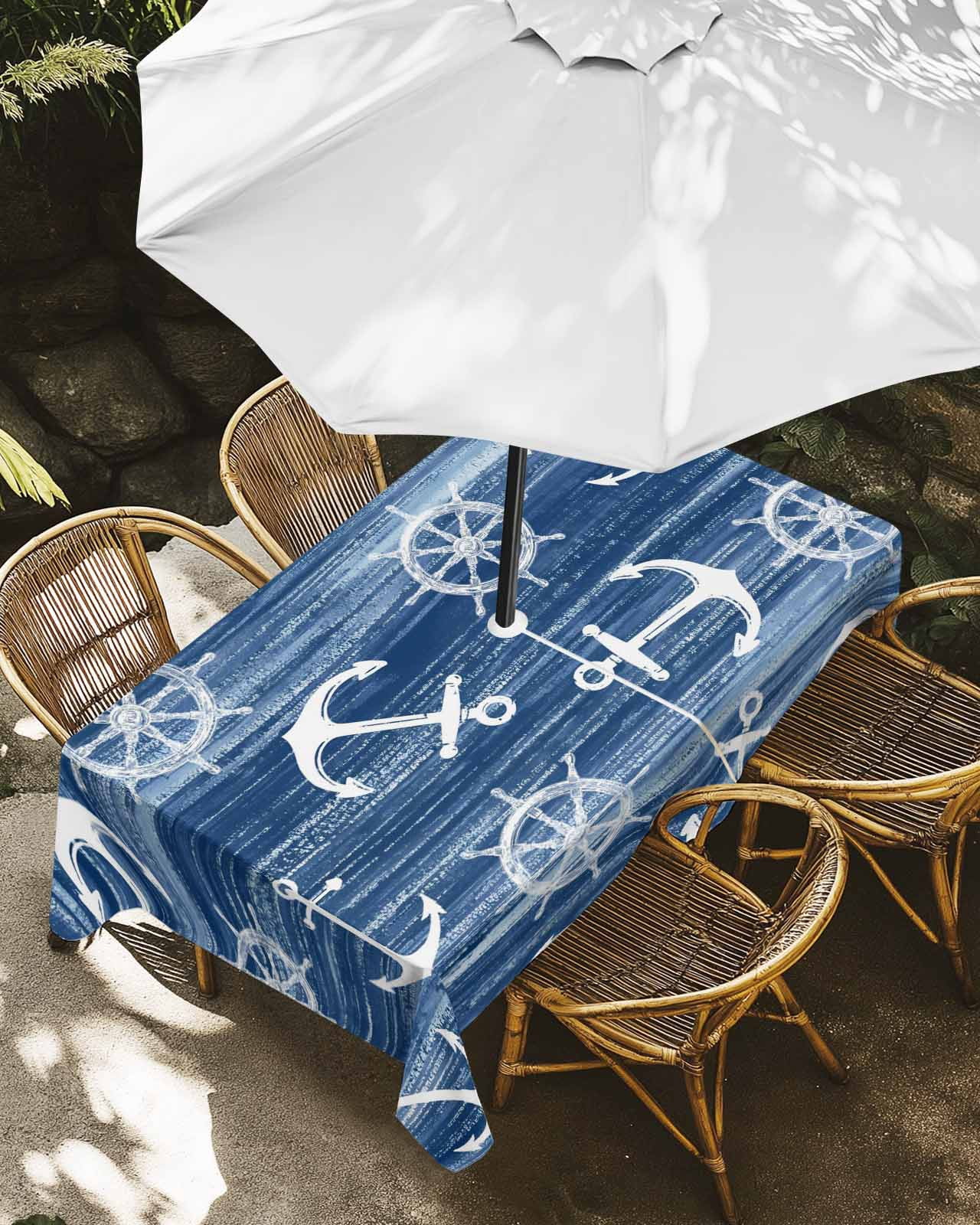 Outdoor Tablecloth with Umbrella Hole, Nautical Compass Anchor Zippered ...